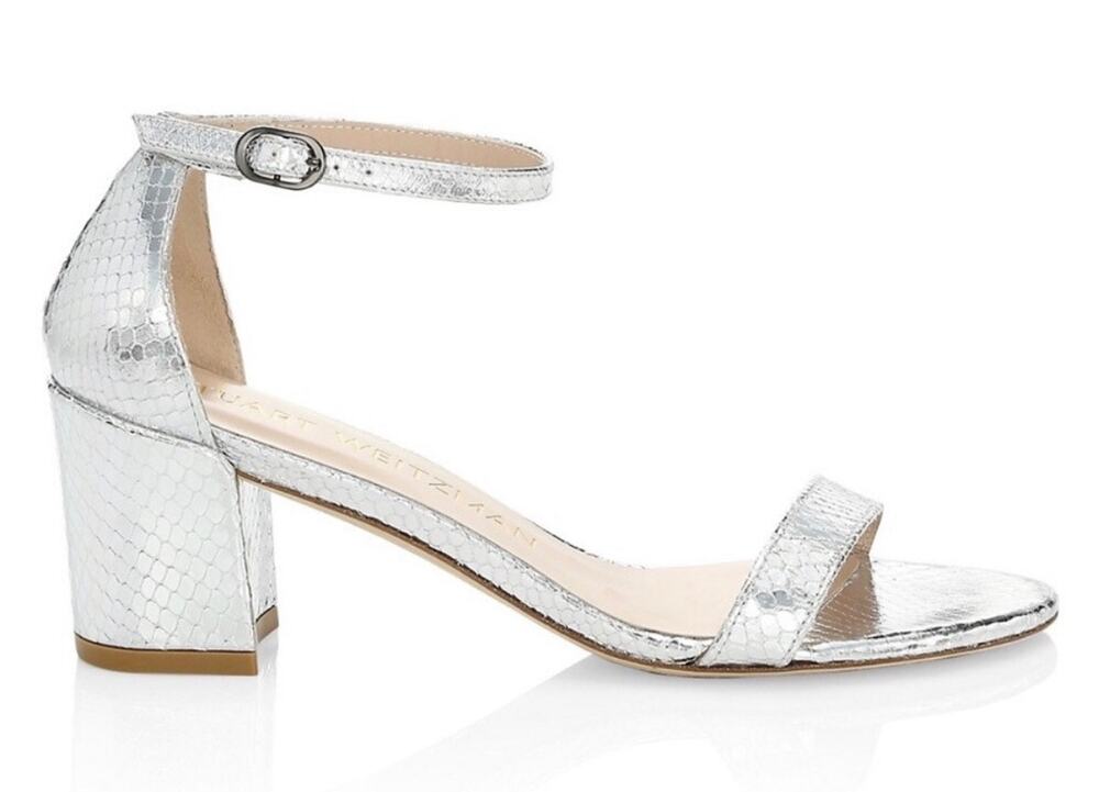 Stuart Weitzman Simple Curve Sandal Womens 7 Silver Metallic Snake Print Leather